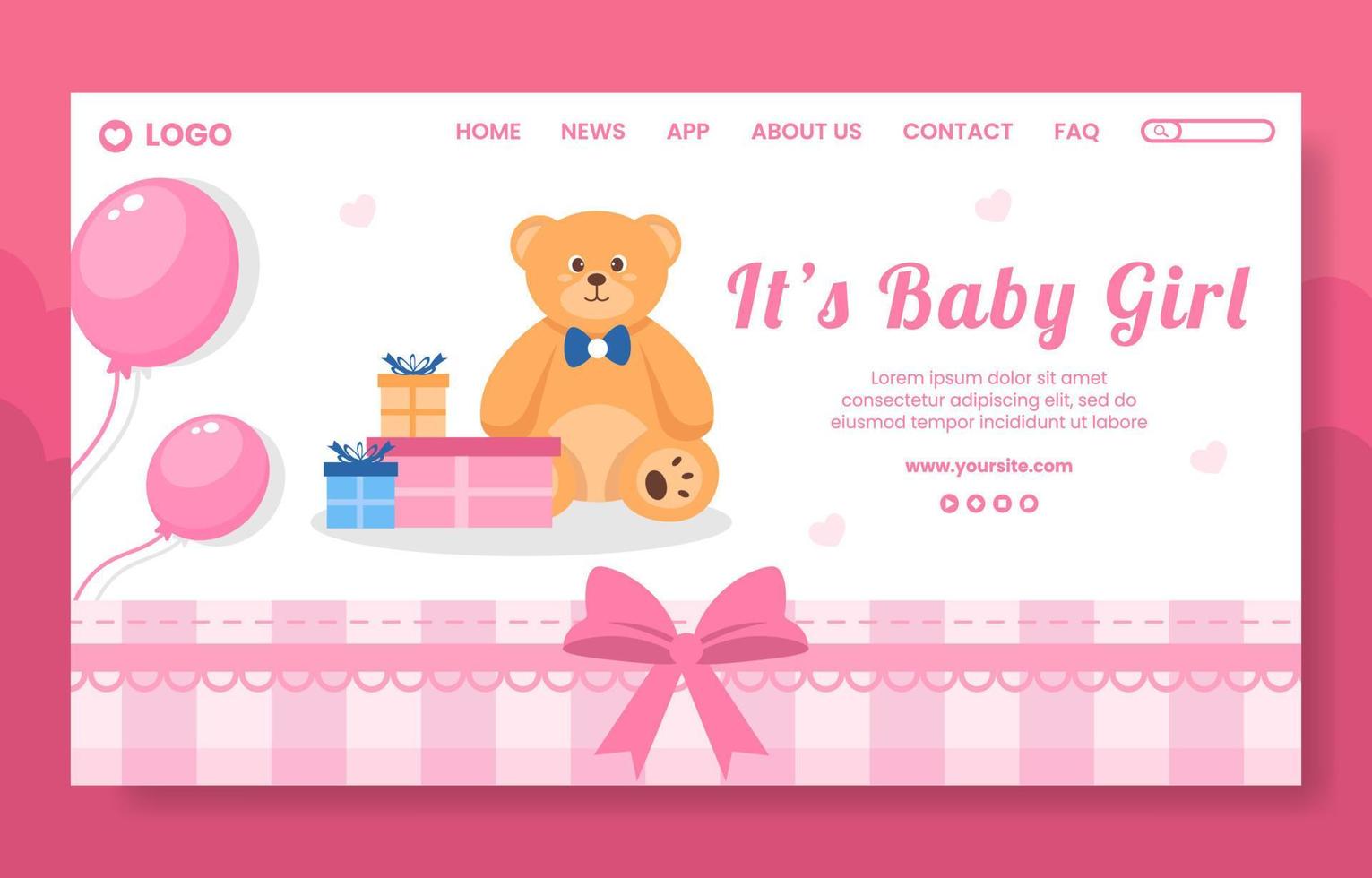 Baby Shower Little Girl Social Media Landing Page Template Flat Cartoon Background Vector Illustration