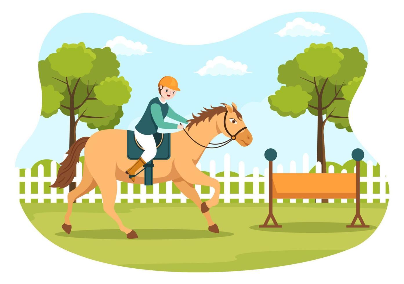 ilustración de dibujos animados de equitación con un personaje de gente linda practicando paseos a caballo o deportes ecuestres en el campo verde vector