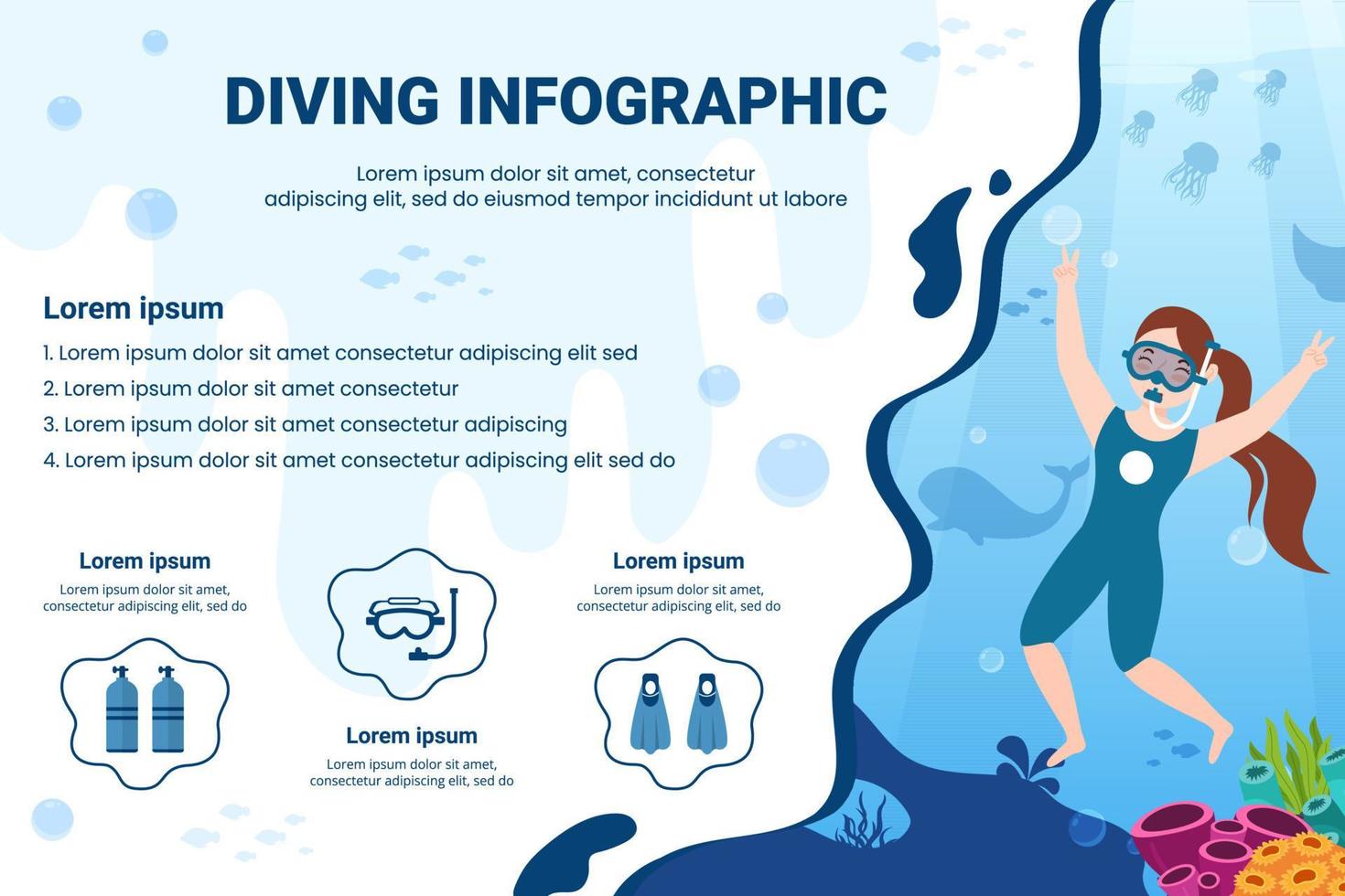 Diving Social Media Infographic Template Flat Cartoon Background Vector Illustration
