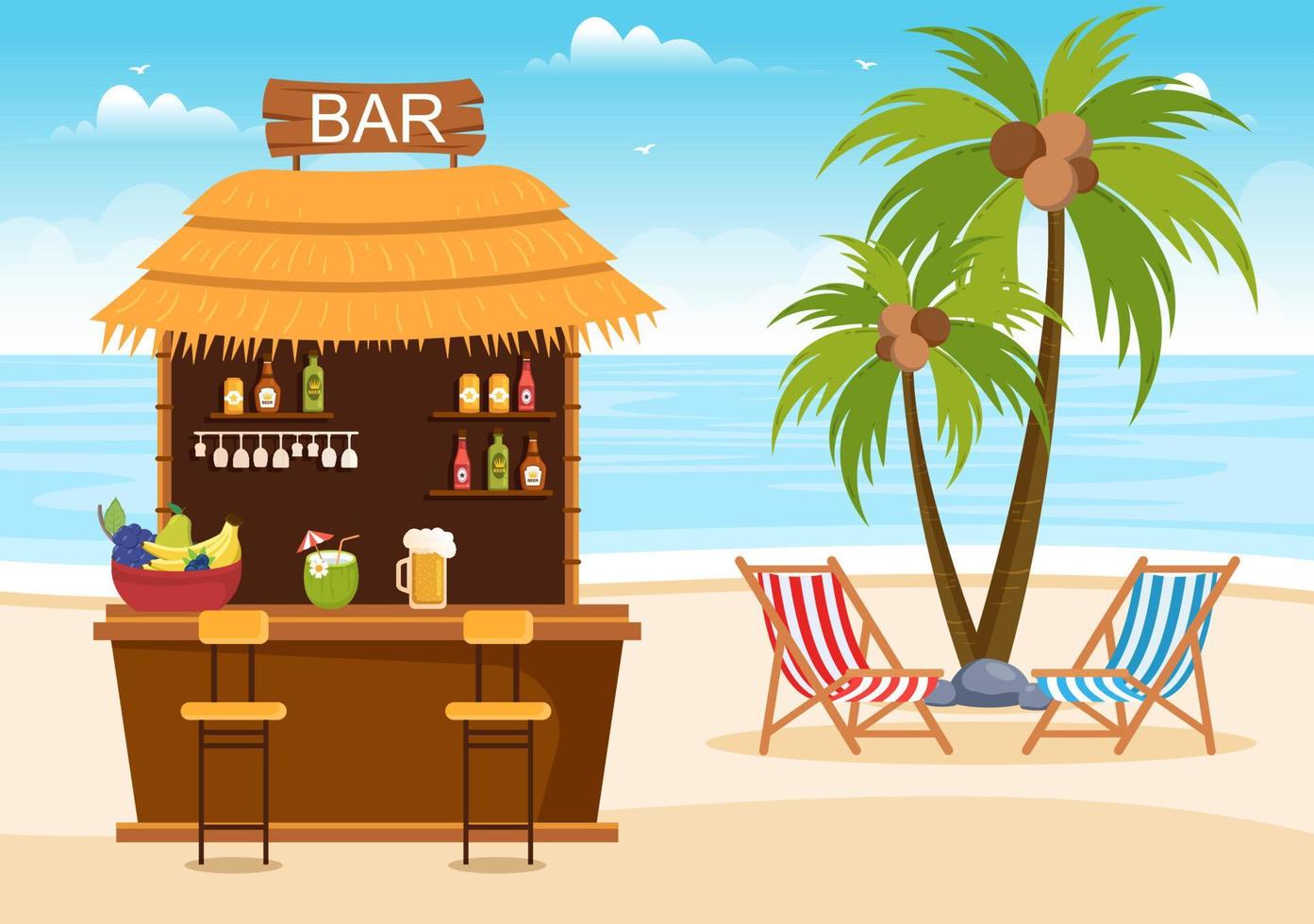 bar tropical o pub en la playa con botellas de bebidas alcohólicas, barman, mesa, interior y sillas junto al mar en una caricatura plana vector