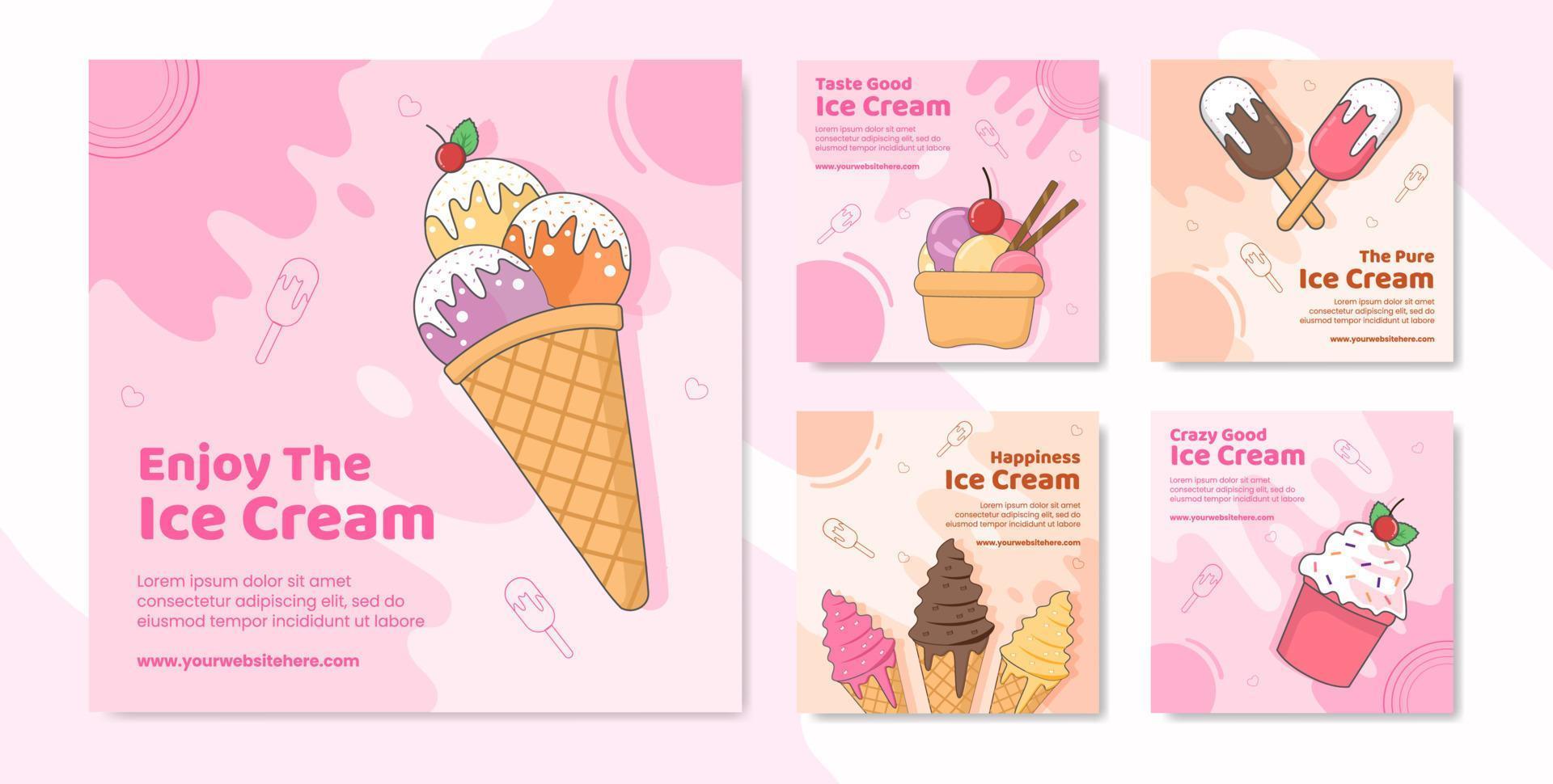 Ice Cream Social Media Post Template Flat Cartoon Background Vector Illustration