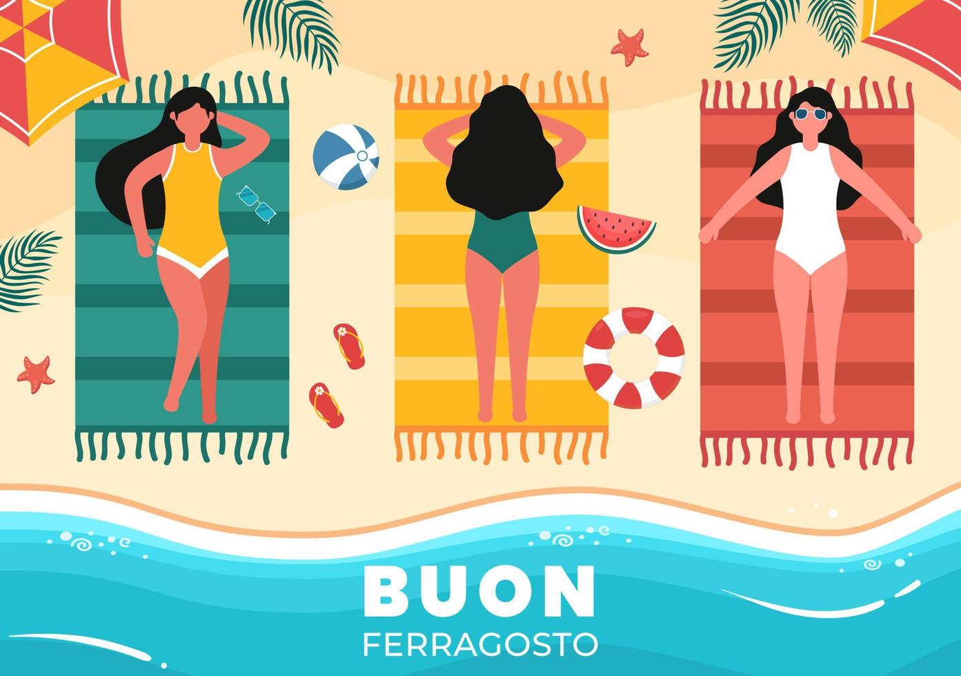 buon ferragosto festival de verano italiano en ilustración de dibujos animados de playa en día festivo celebrado el 15 de agosto en diseño de estilo plano vector