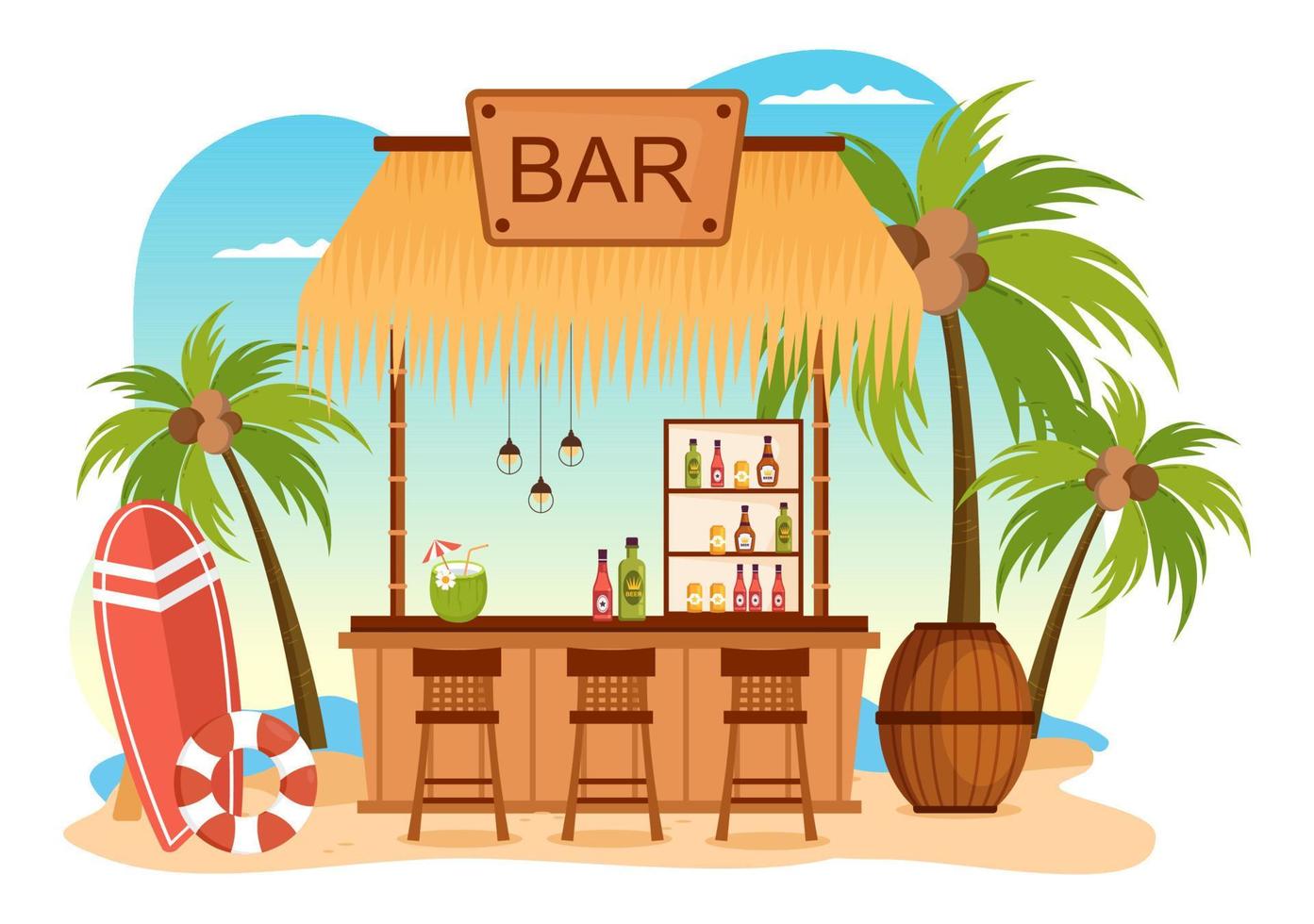 bar tropical o pub en la playa con botellas de bebidas alcohólicas, barman, mesa, interior y sillas junto al mar en una caricatura plana vector