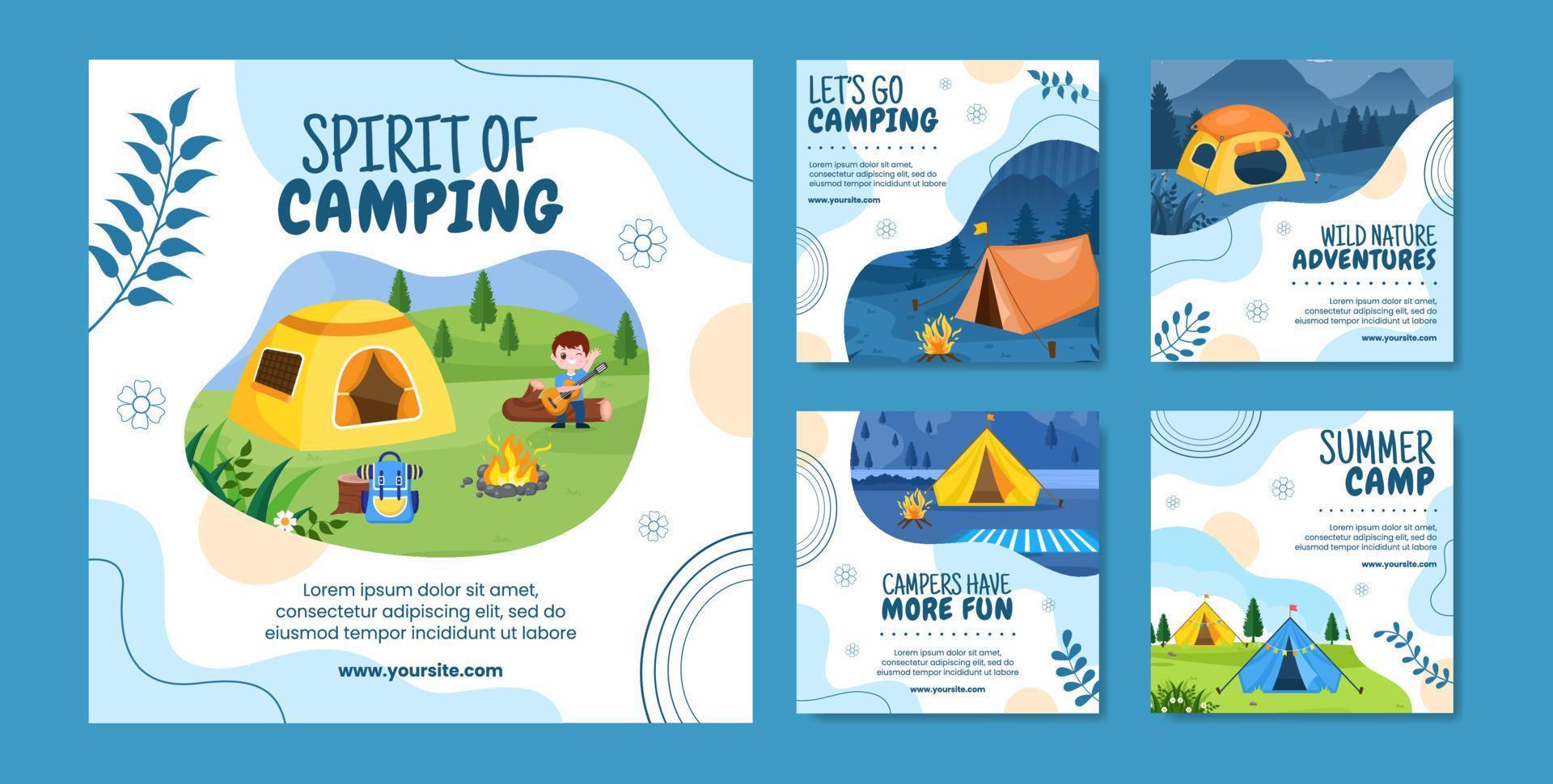 Summer Camping Social Media Post Template Flat Cartoon Background Vector Illustration