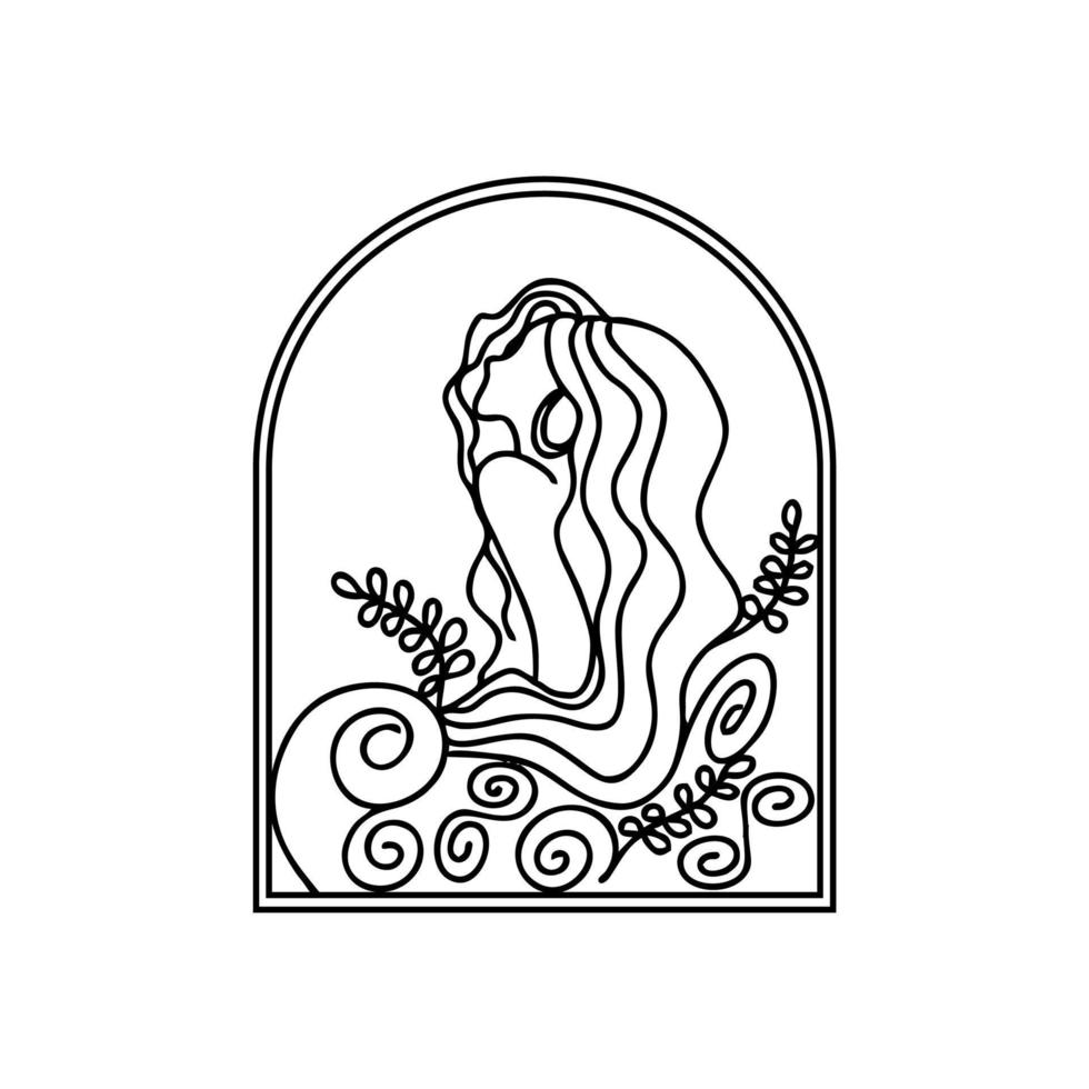 mujer de arte lineal con cabello largo abstracto con estilo botánico y bohemio vector