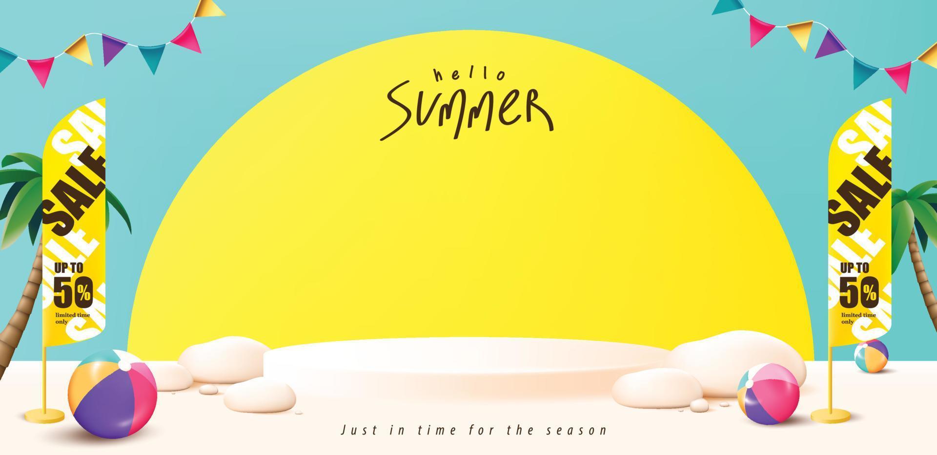 Summer sale poster banner template with product display podium and beach party background vector