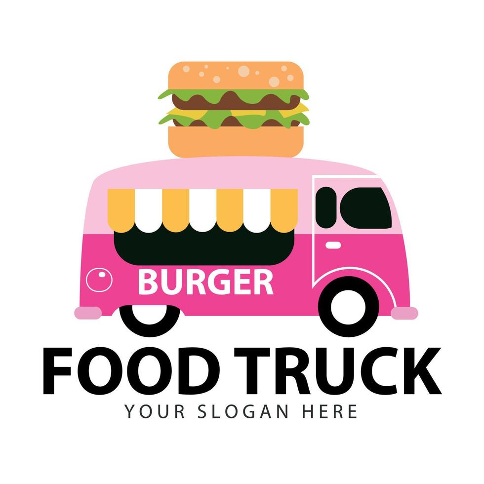 Pink food truck. Fast food delivery. A car with a big Burger vector