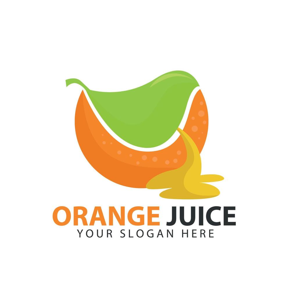 Stream of juicy orange slices with green leaves. Orange juice logo vector