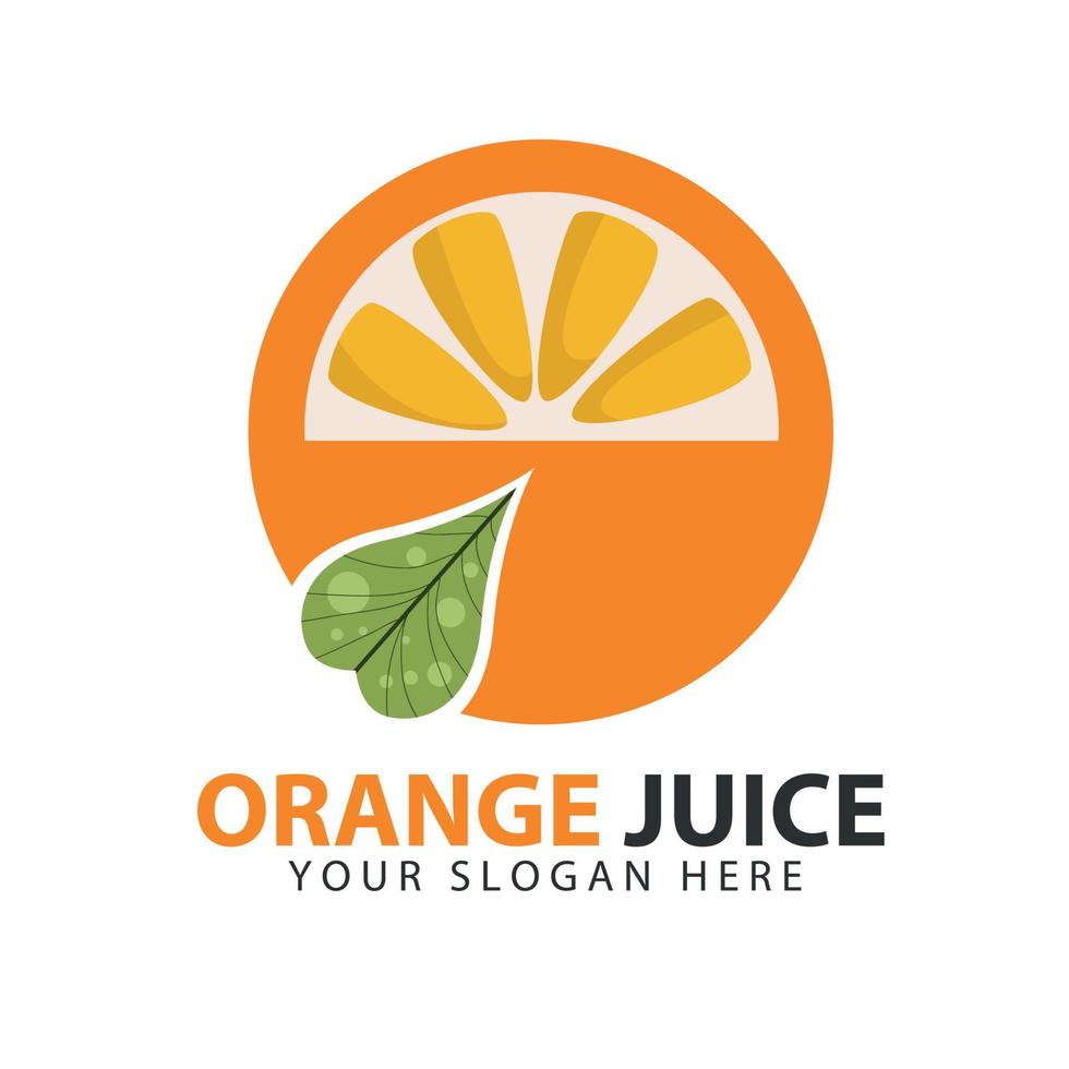 Fresh natural orange juice icon illustration with half peeled orange and leaves vector