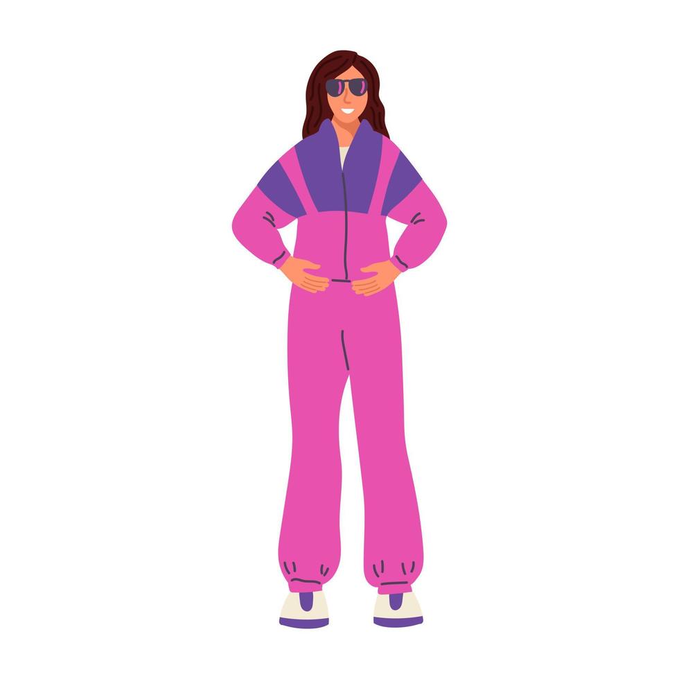 Woman in a sports suit in the style of the 90s. Neon, nostalgia, street style, trend. Flat vector illustration