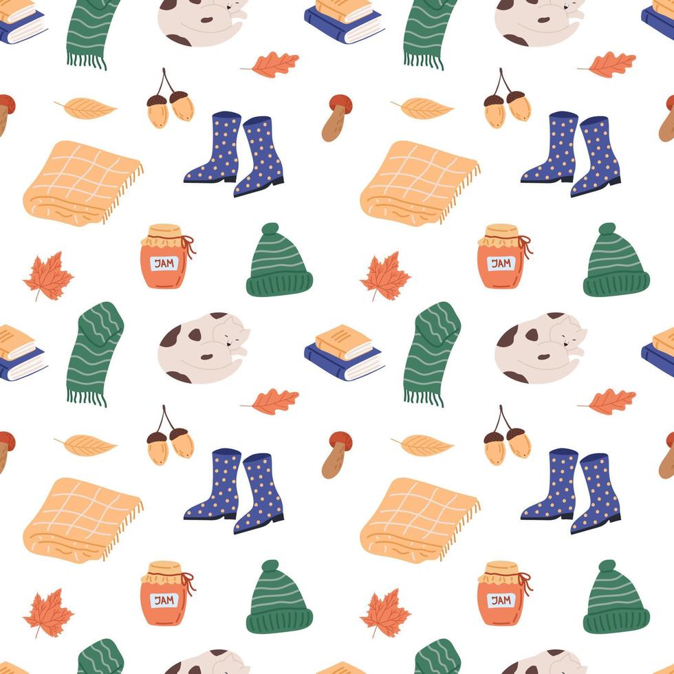 Seamless pattern cozy autumn. Flat vector illustration