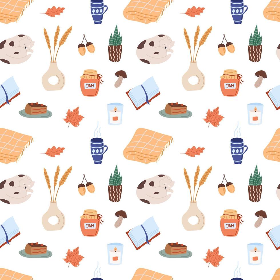 Seamless pattern cozy autumn. Flat vector illustration