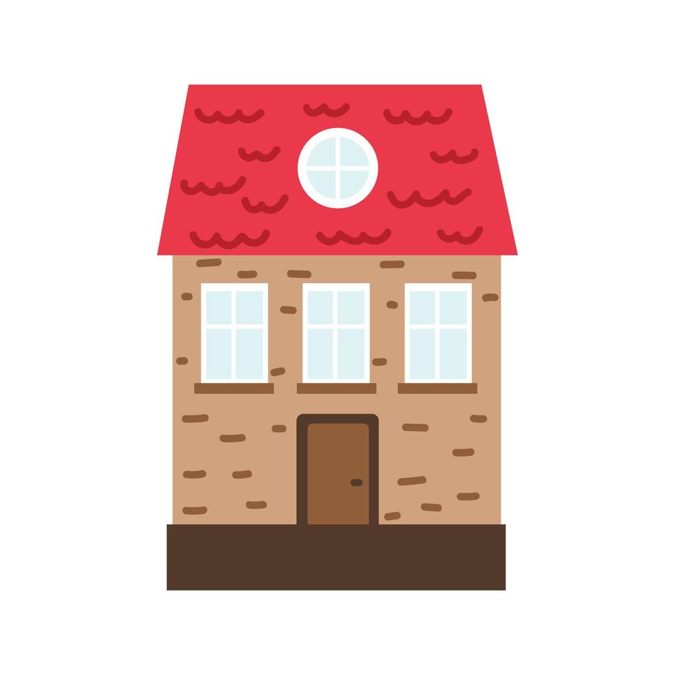 Brick house, painted in doodle style. Spring collection. Flat vector illustration