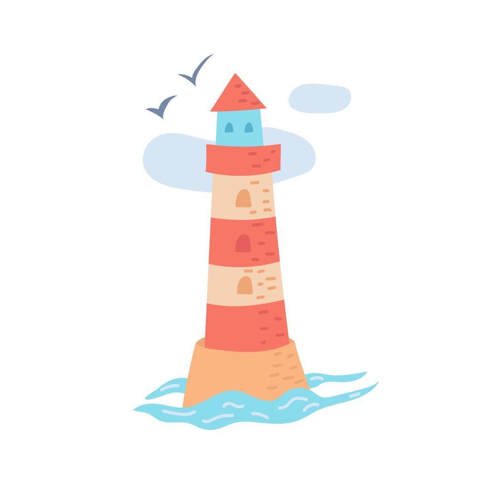 Lighthouse painted in doodle style. Summer collection. Flat vector illustration