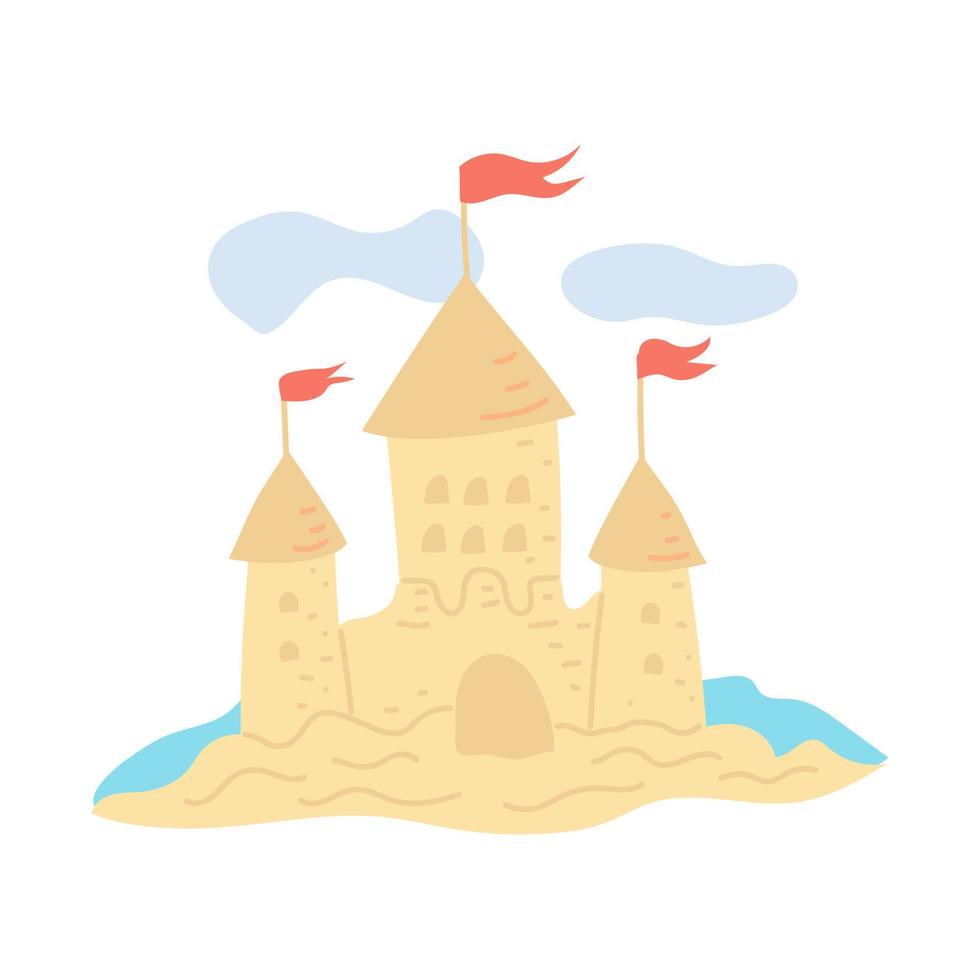 castillo de arena, pintado al estilo garabato. colección de verano. ilustración vectorial plana vector