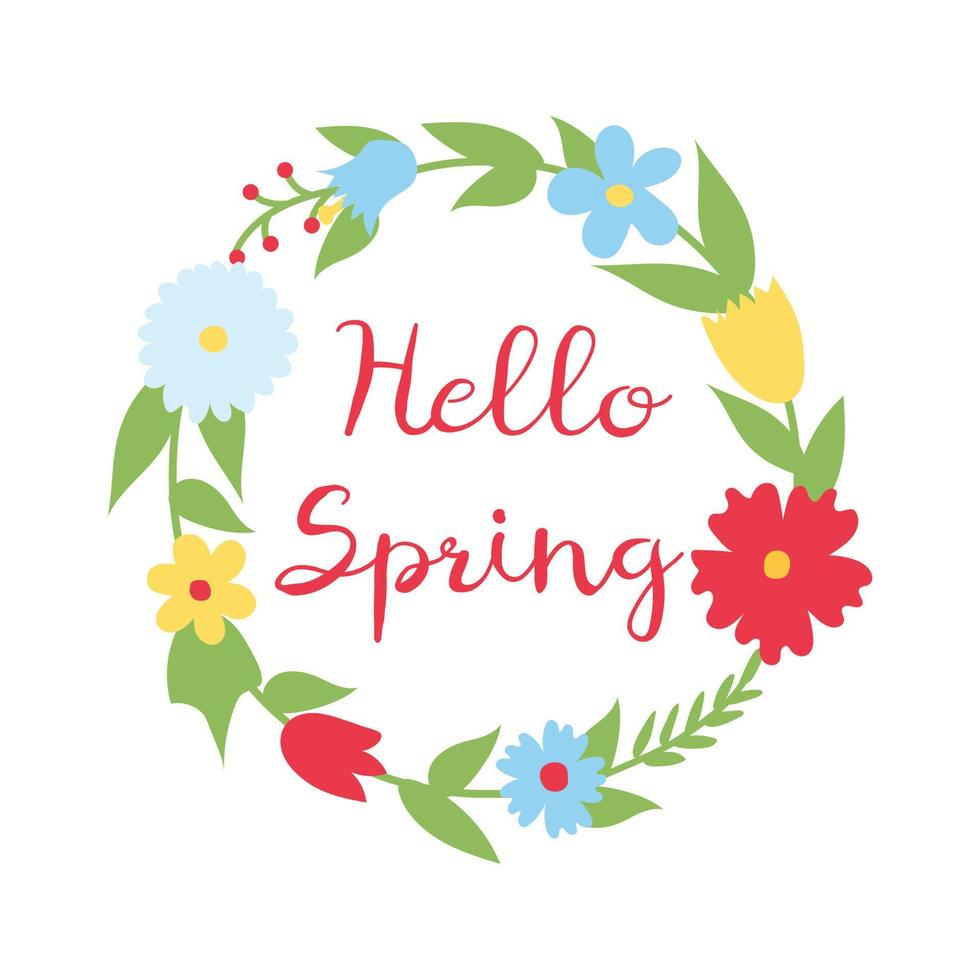 Flower wreath with the inscription hello spring, painted in doodle style. Spring collection. Flat vector illustration