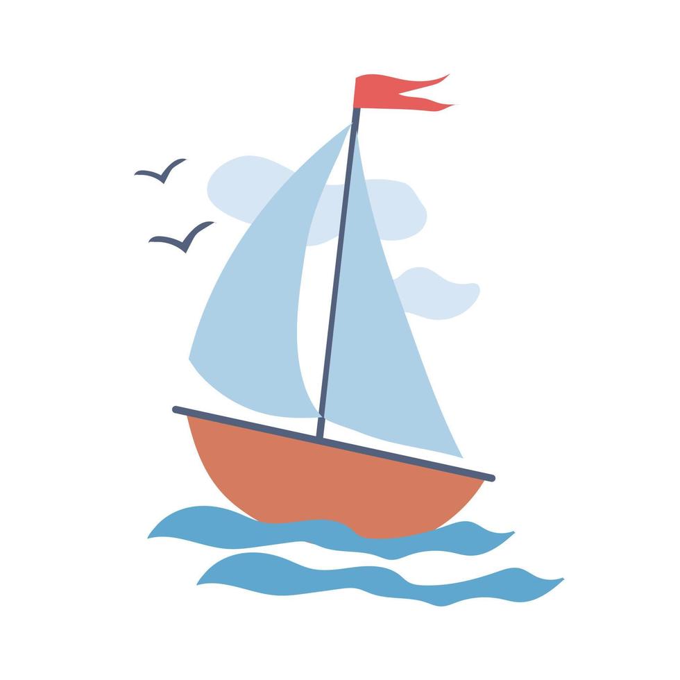 Sailing boat, painted in doodle style. Summer collection. Flat vector illustration