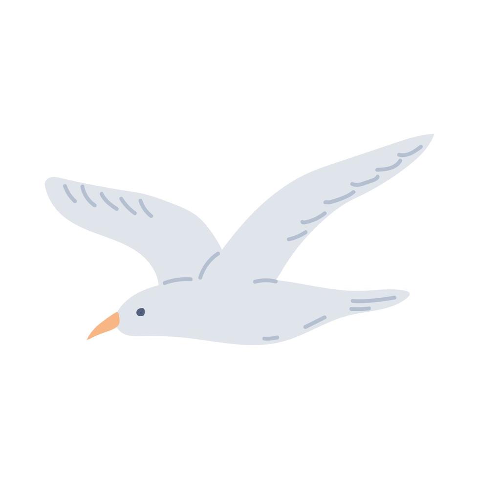 Flying seagull, painted in doodle style. Summer collection. Flat vector illustration