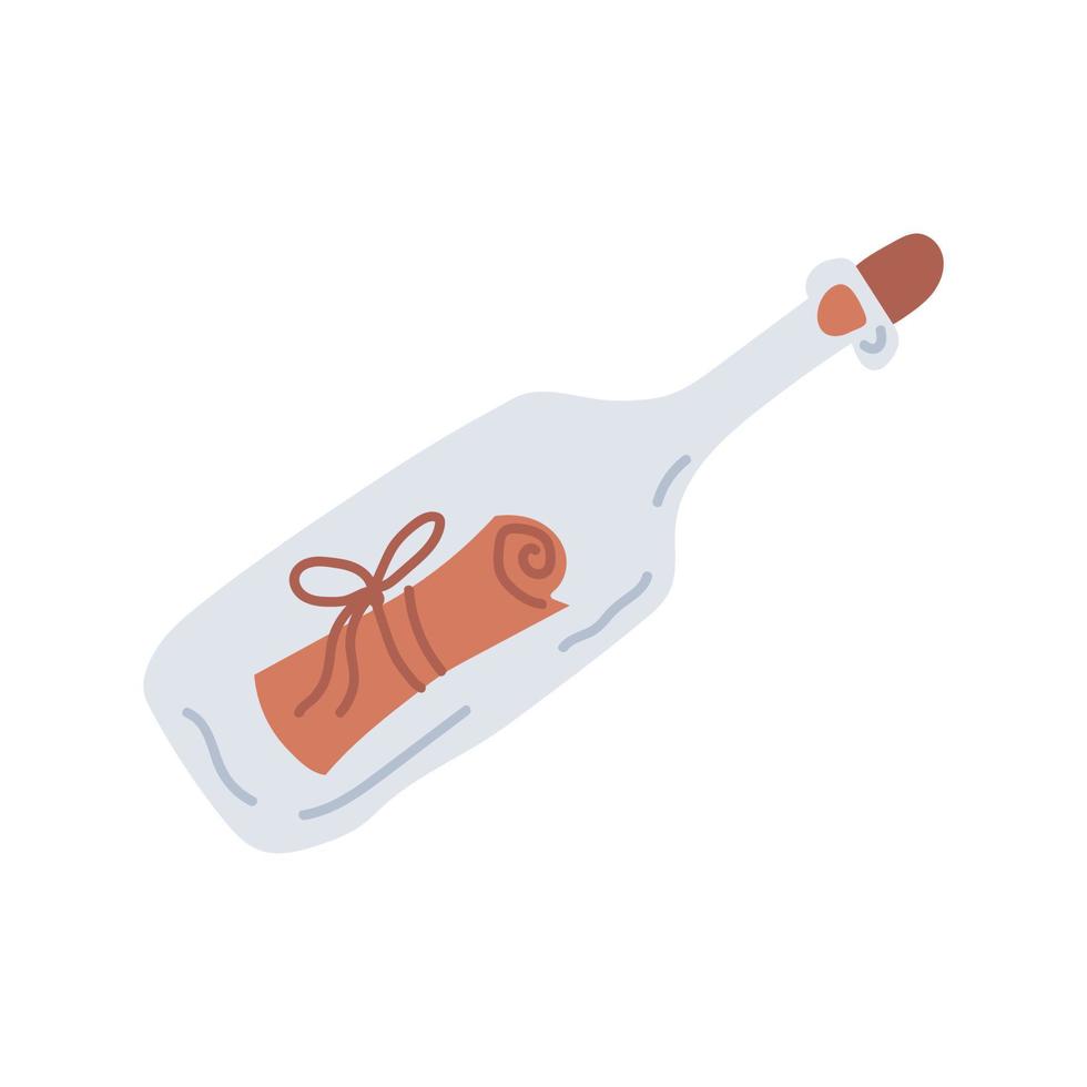 A note in a bottle, drawn in a doodle style. Summer collection. Flat vector illustration