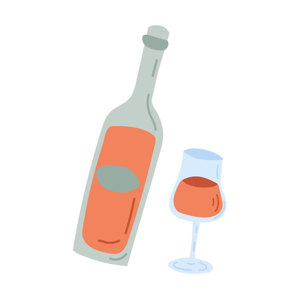 una botella de vino y un vaso pintado al estilo garabato. acogedor otoño. ilustración vectorial plana vector