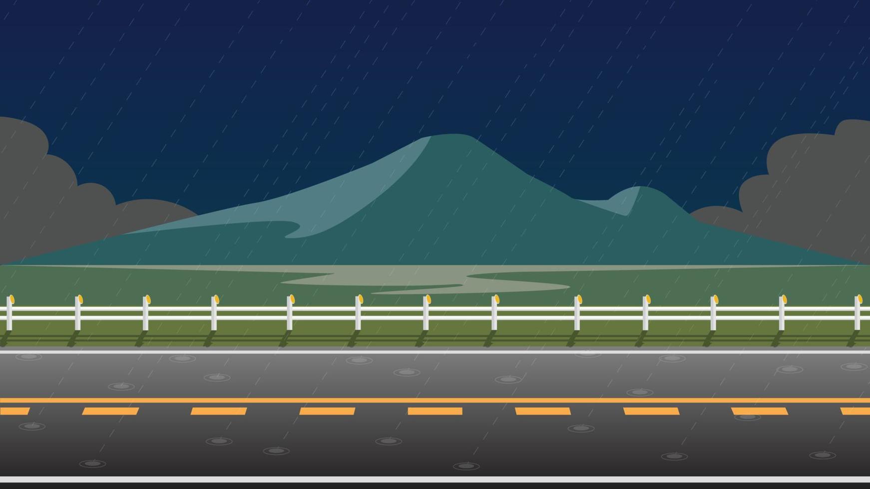 Horizontal view of empty asphalt road rainy season.  Background of roadside wall and green grass and island on the sea. Under the dark sky and black clouds. vector
