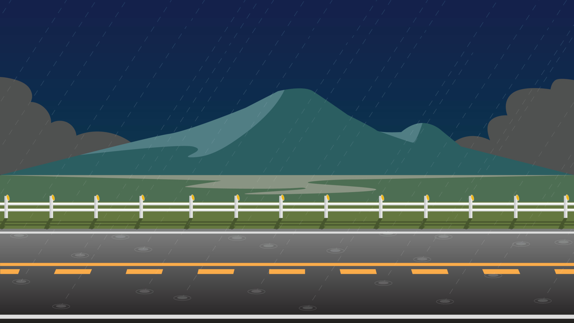 Horizontal view of empty asphalt road rainy season. Background of roadside  wall and green grass and island on the sea. Under the dark sky and black  clouds. 9249710 Vector Art at Vecteezy