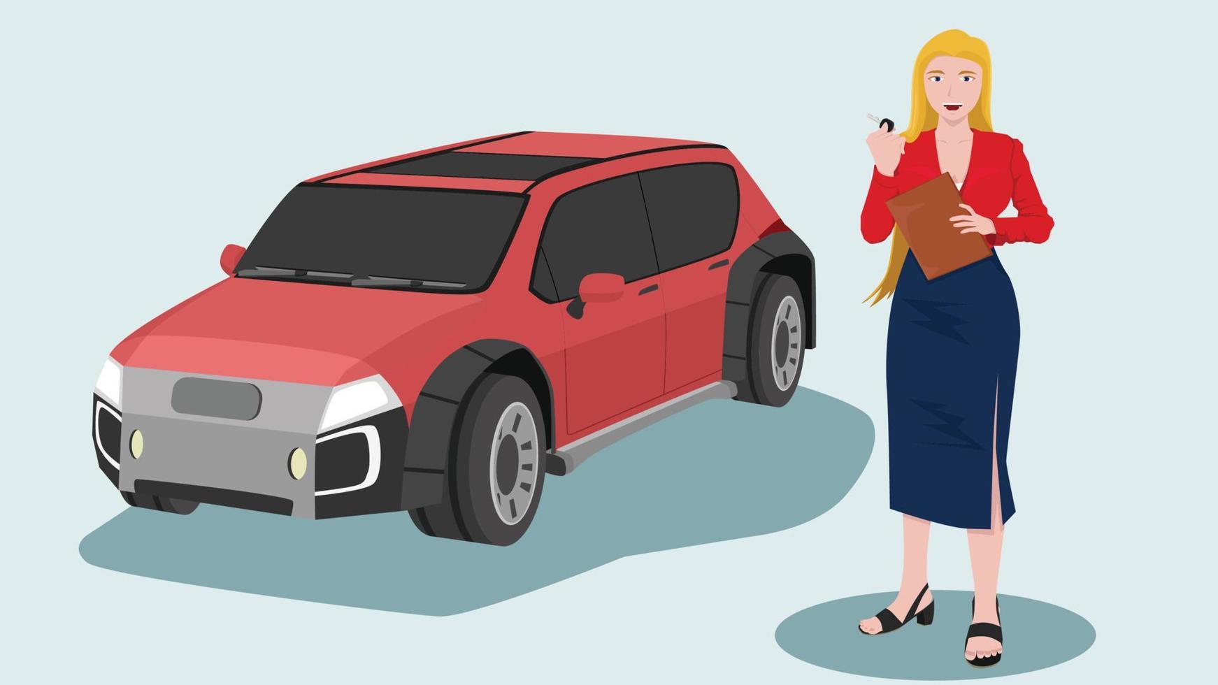 Beautiful western young car salesgirl stood holding documents and showing the car key. Uniform red shirt and navy blue long skirt. Eco car cross-over EV-car. Isolate background soft blue color. vector