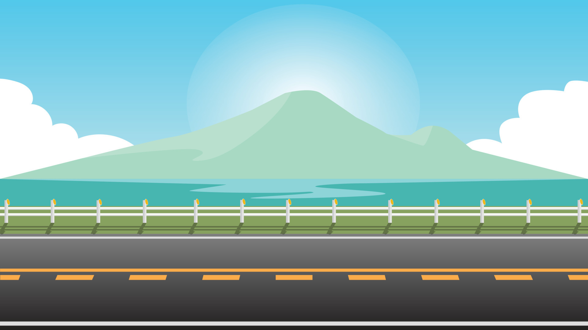 Horizontal view of empty asphalt road. Background of roadside wall and green  grass and island on the sea. Under the blue sky and white clouds with  sunlight. 9249714 Vector Art at Vecteezy