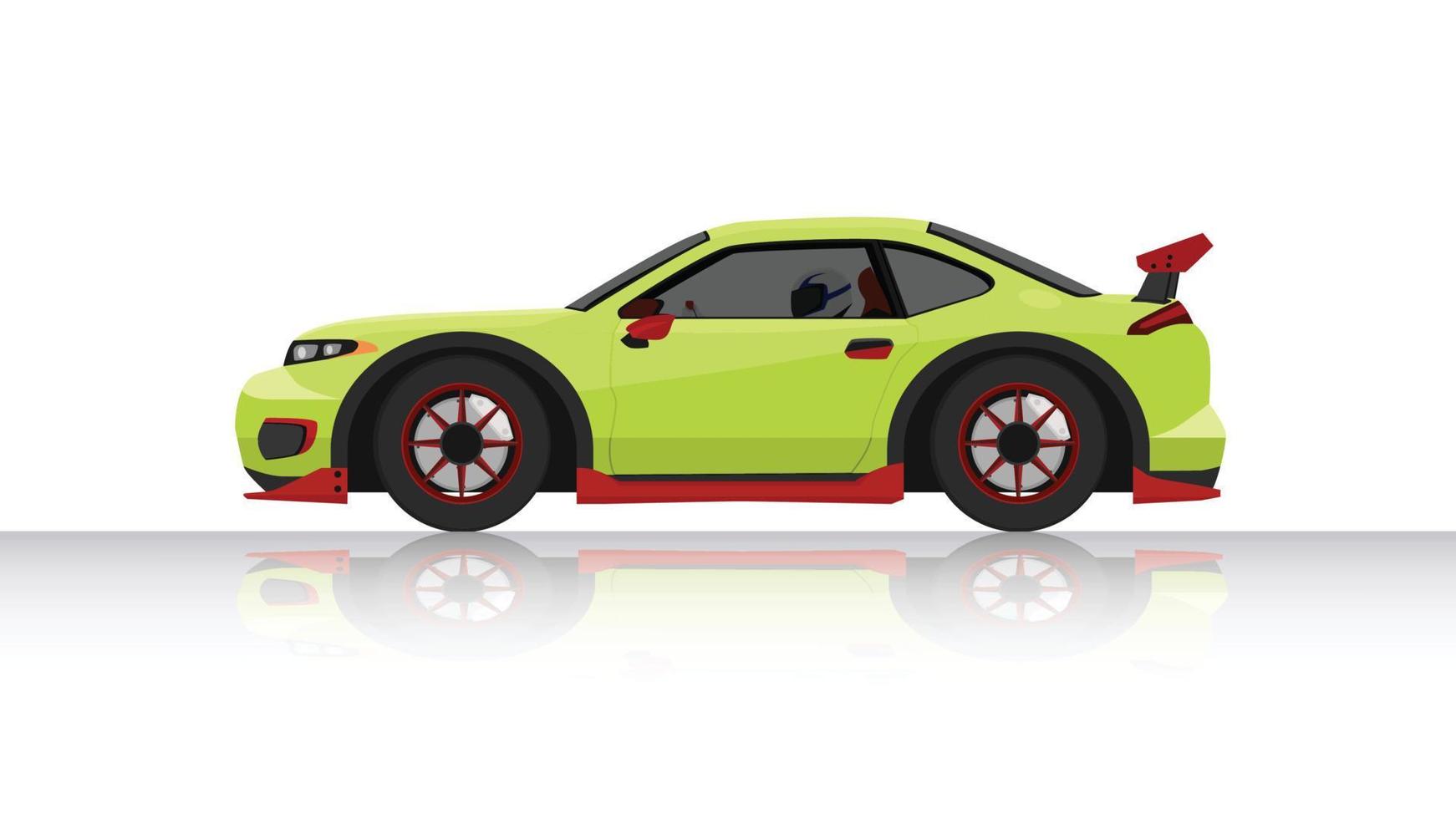 Concept vector illustration of detailed side of a flat green sports car with driving man inside car. with shadow of car on reflected from the ground below. And isolated white background.