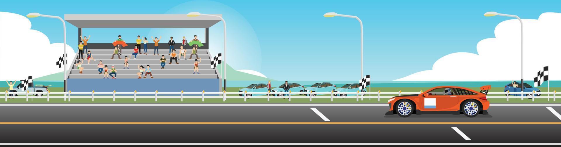 Super car on race track of for banner. Background of stadiums and cheerleaders. With background of sea under blue sky and white clouds. Copy Space Flat Vector Illustration.