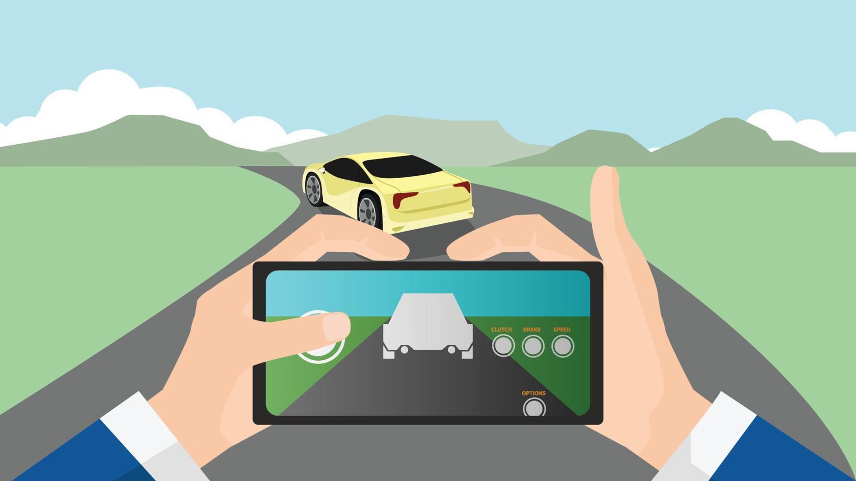 Hand of man control car by mobile phone with application car driving. Sport car yellow color on asphalt road driving to the nature of mountain on wide grassland area. vector
