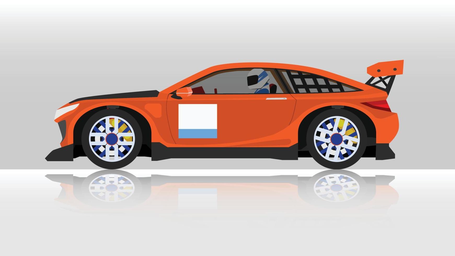 Concept vector illustration of detailed side of a flat orange sports car with driving man inside car. with shadow of car on reflected from the ground below. And isolated white background.