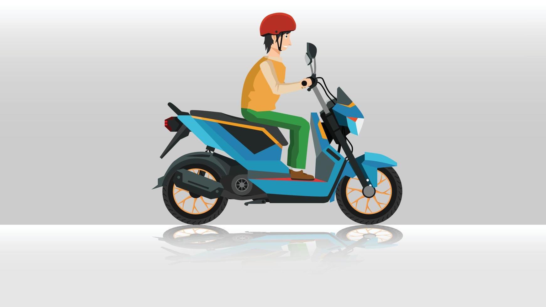 Blue motorcycle with a man in a helmet sitting. with shadow of motocycle on the ground. Vector and Illustrator design.