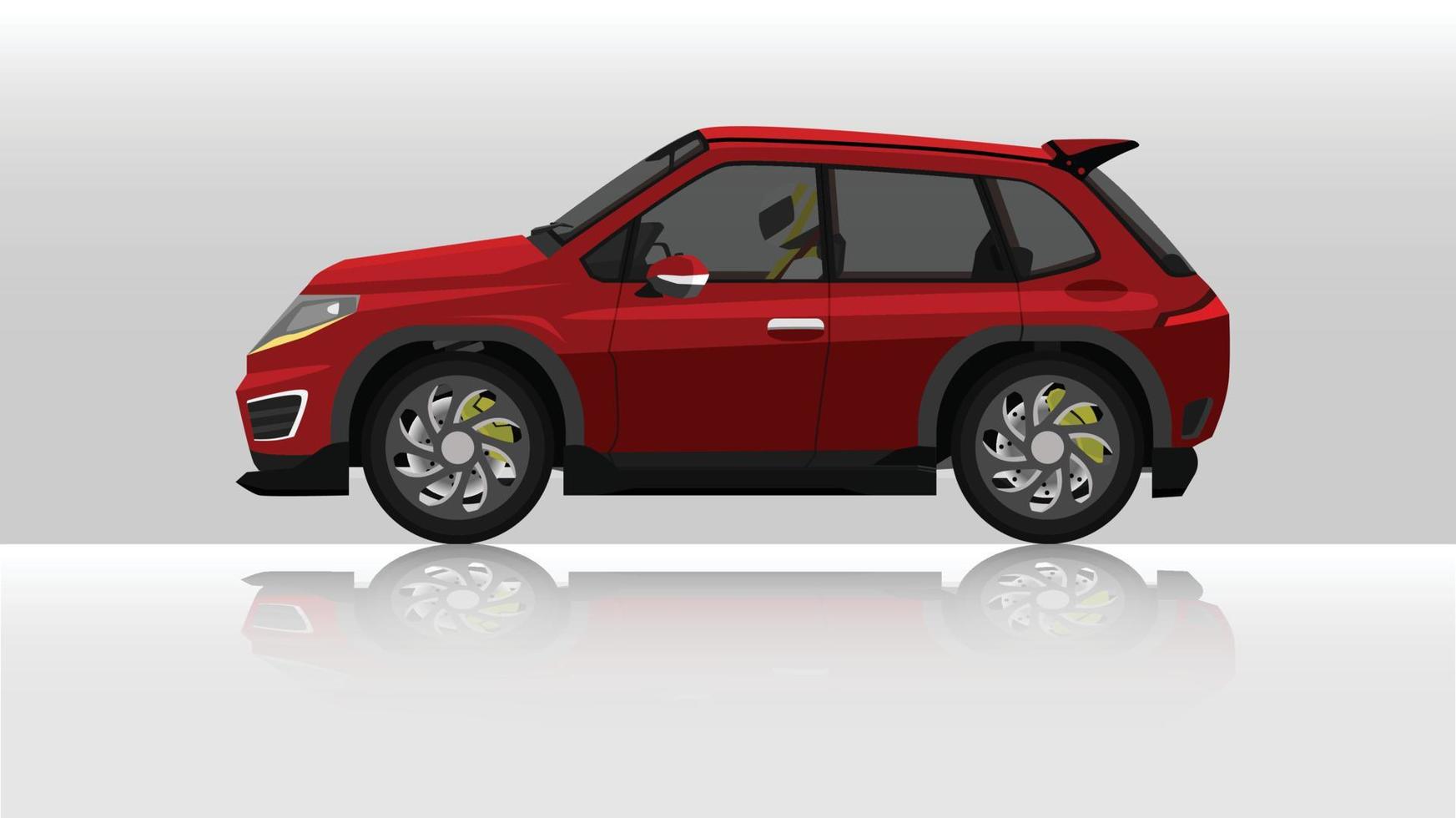 Concept vector illustration of detailed side of a flat red crossover car with driving man inside car. with shadow of car on reflected from the ground below. And isolated white background.