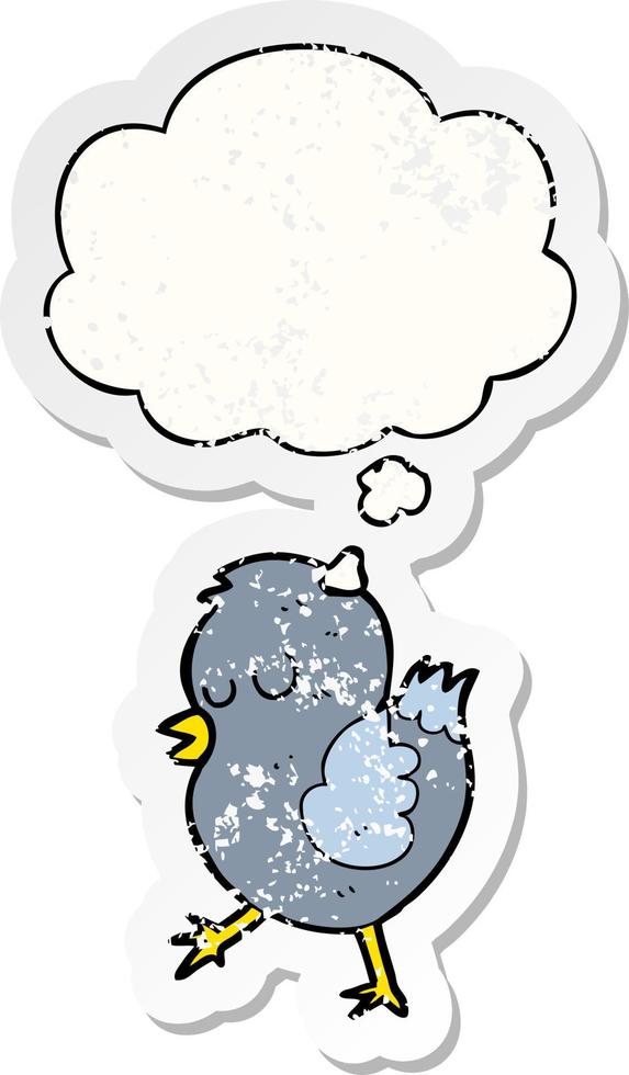 cartoon bird and thought bubble as a distressed worn sticker vector
