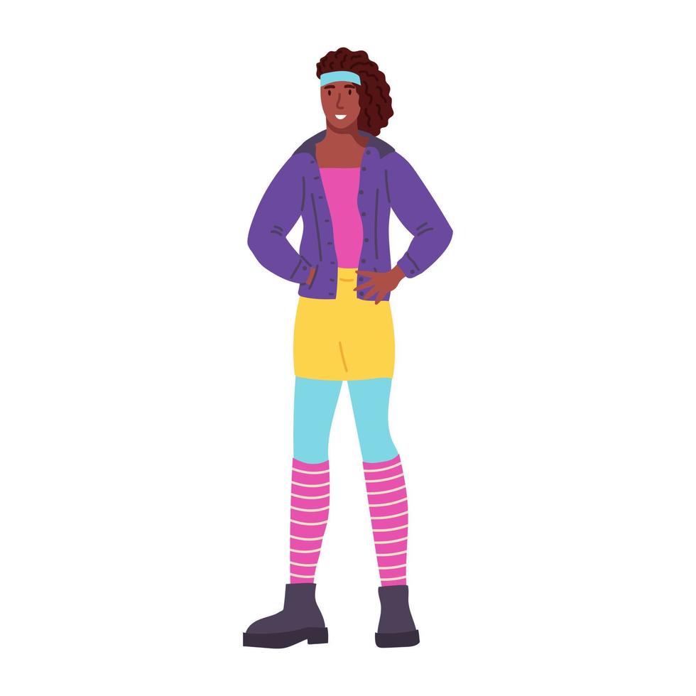 Woman in clothes in the style of the 90s. Neon, nostalgia, street style, trend. Flat vector illustration