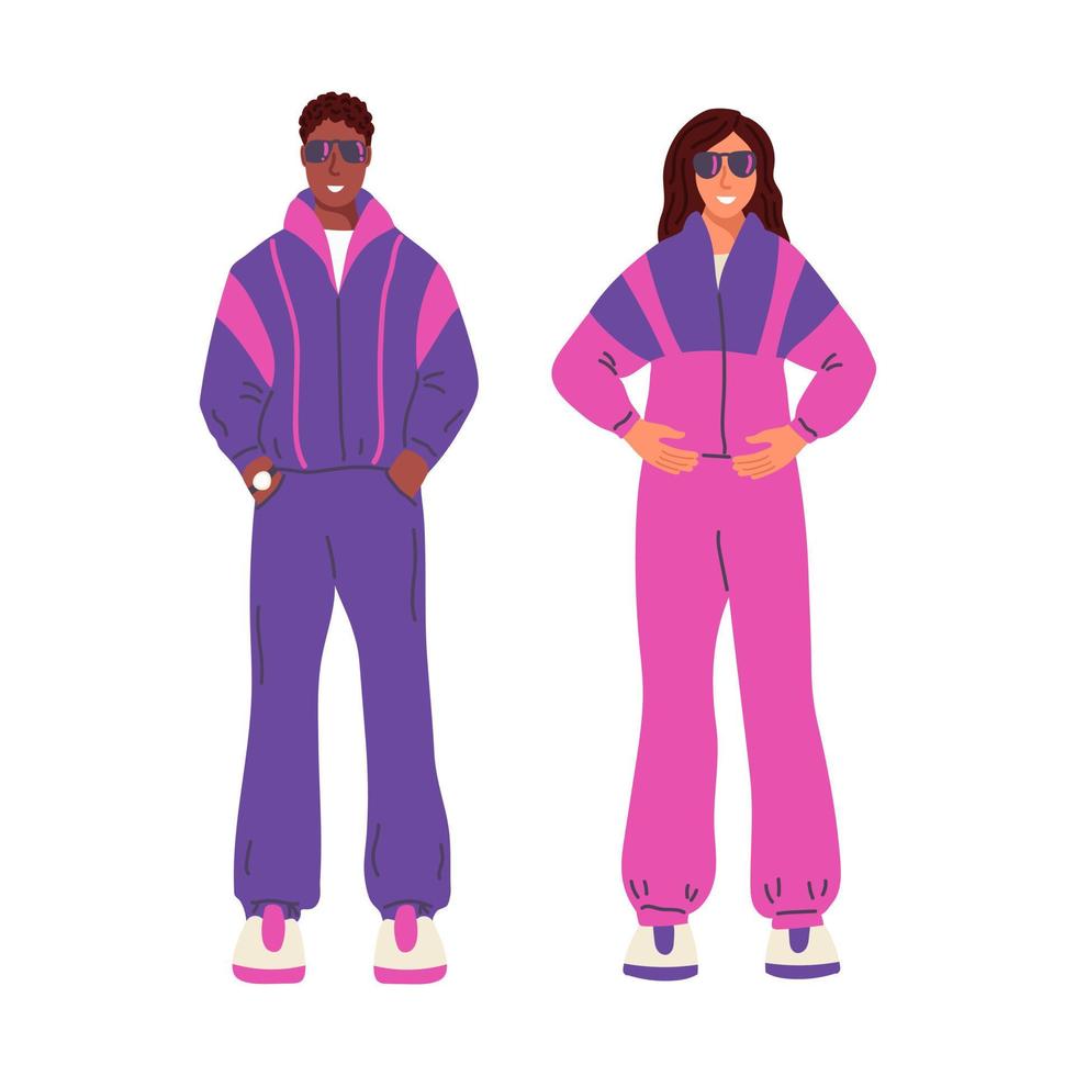 un hombre y una mujer en chándal al estilo de los años 90. ilustración vectorial plana vector