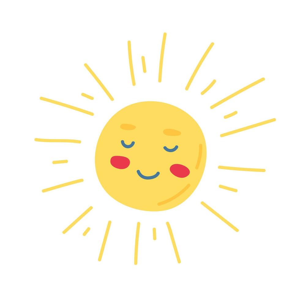 The sun with a face, painted in a doodle style. Spring collection. Flat vector illustration