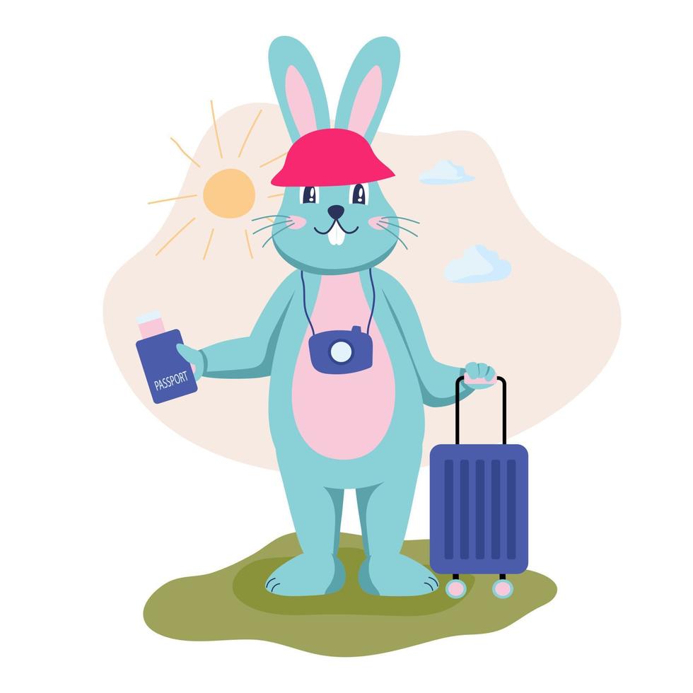 Rabbit with suitcase and passport, summer vacation. Symbol of the year, flat vector illustration