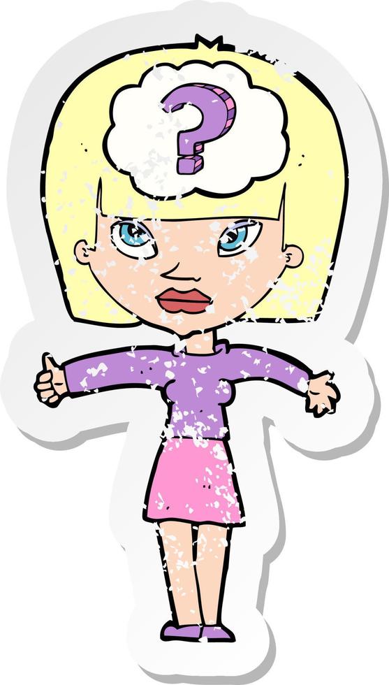 retro distressed sticker of a cartoon woman with question vector