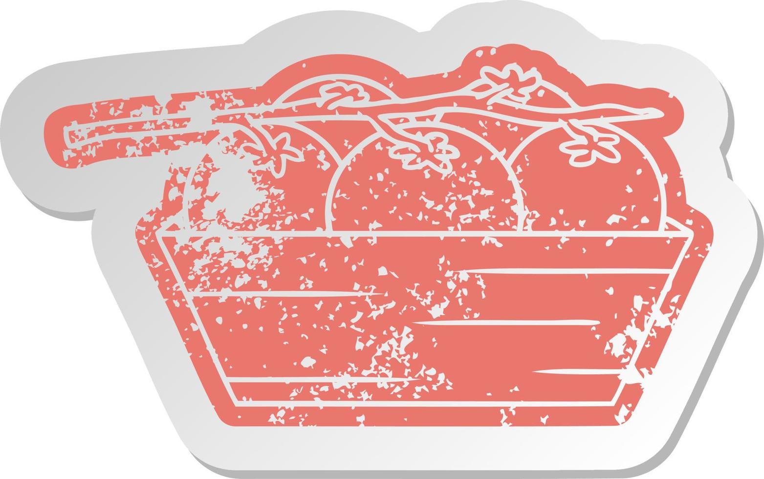 distressed old sticker of a box of tomatoes vector