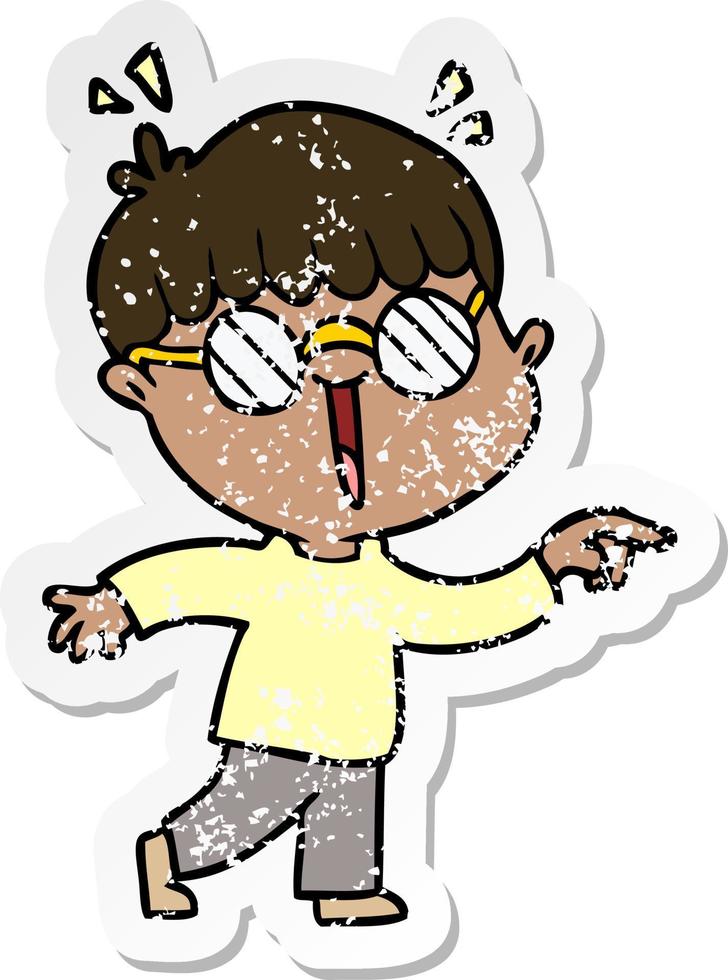 distressed sticker of a cartoon boy wearing spectacles vector