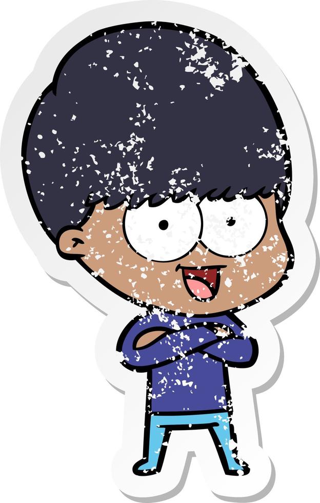 distressed sticker of a happy cartoon boy vector