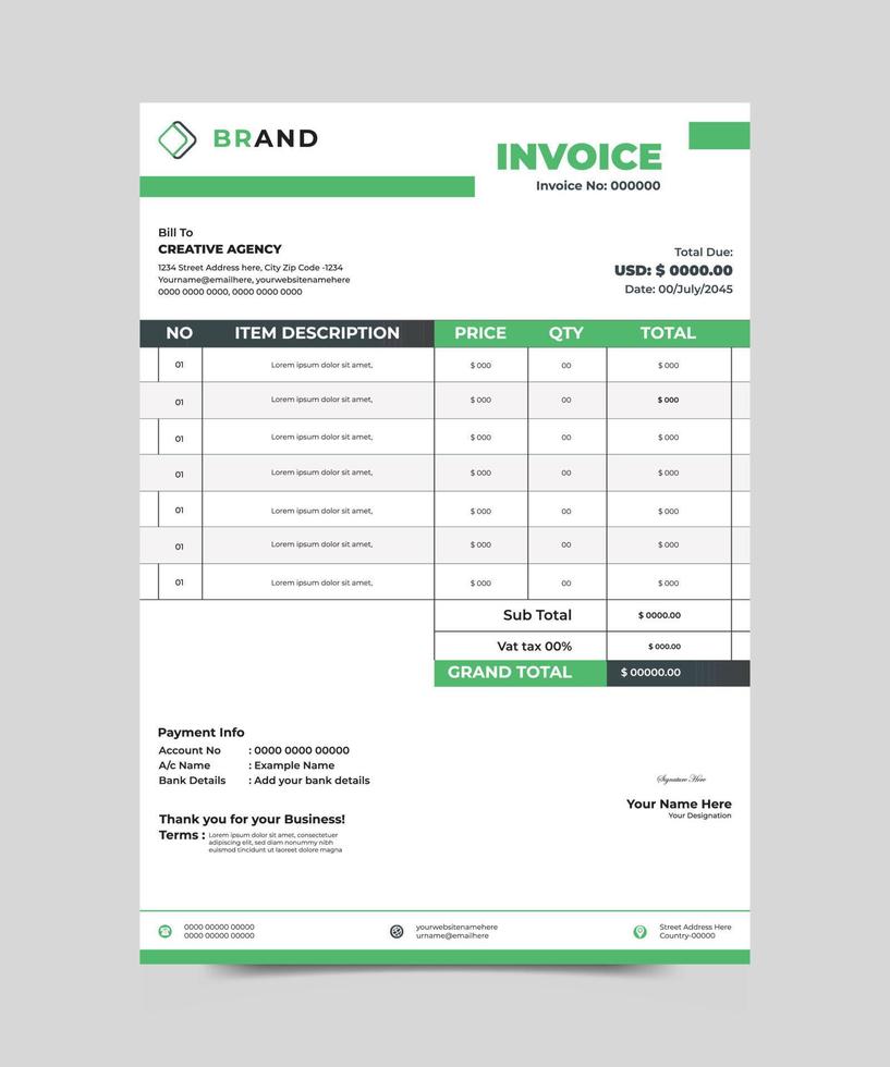 plantilla de diseño de factura creativa corporativa moderna limpia de negocios de empresa vector