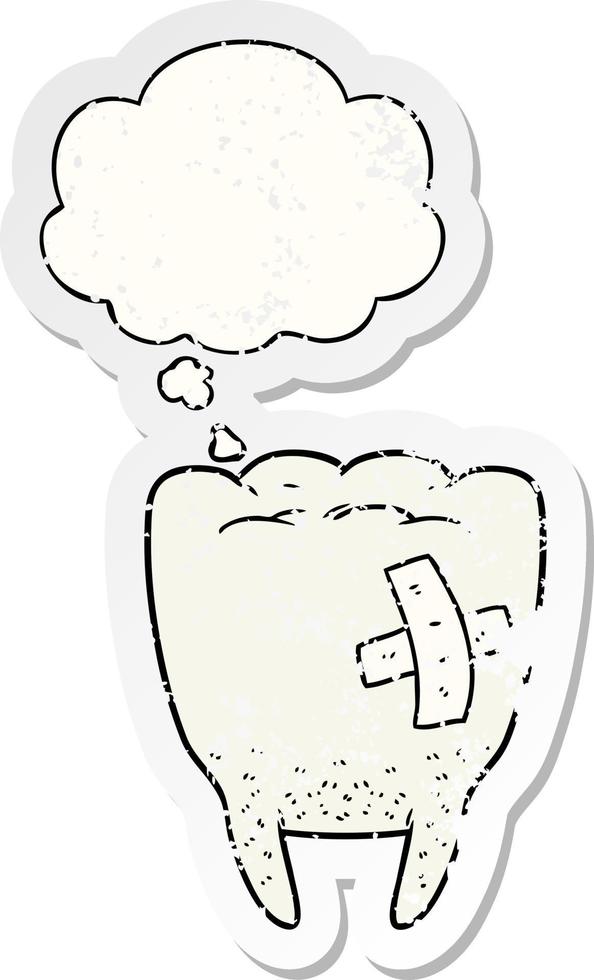 cartoon bad tooth and thought bubble as a distressed worn sticker vector