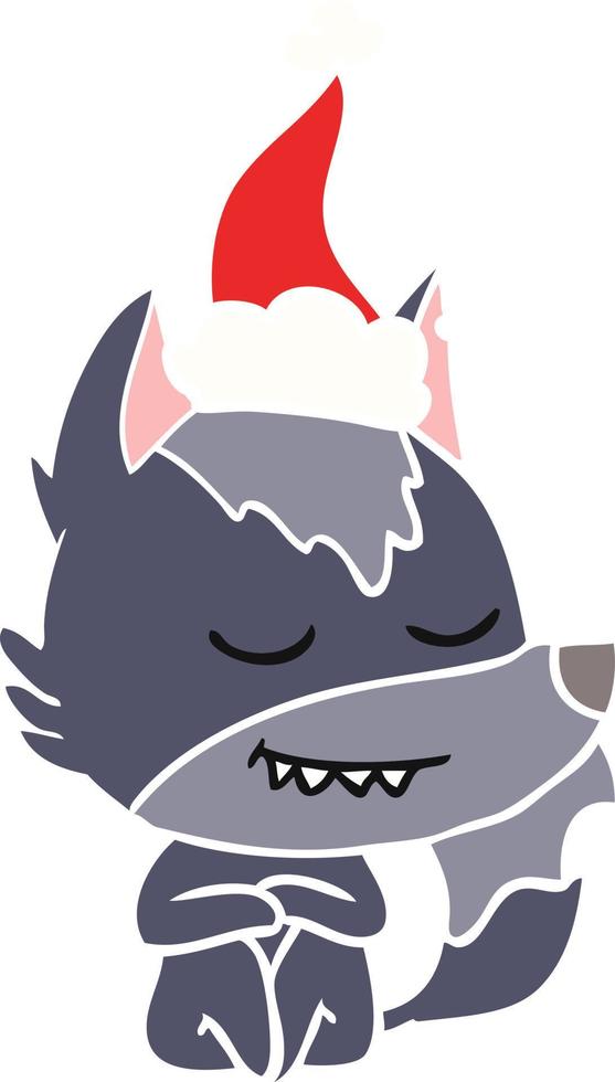 friendly flat color illustration of a wolf sitting wearing santa hat vector