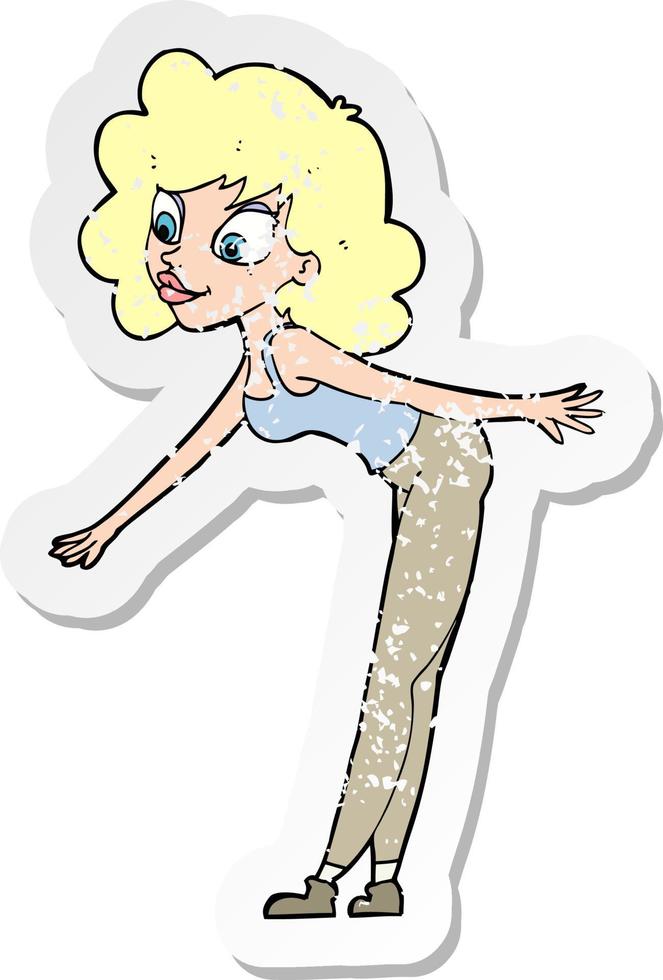 retro distressed sticker of a cartoon woman reaching to pick something up vector