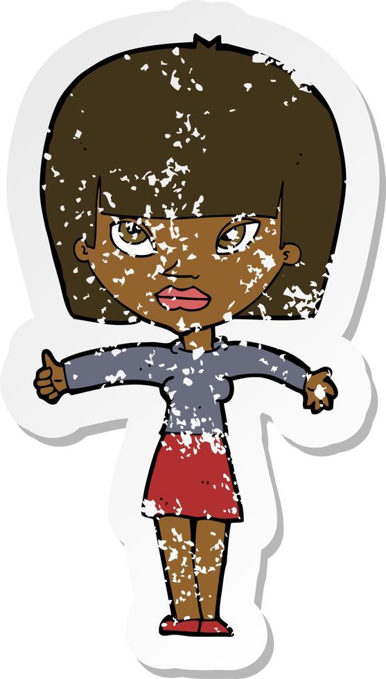 retro distressed sticker of a cartoon woman giving thumbs up symbol vector