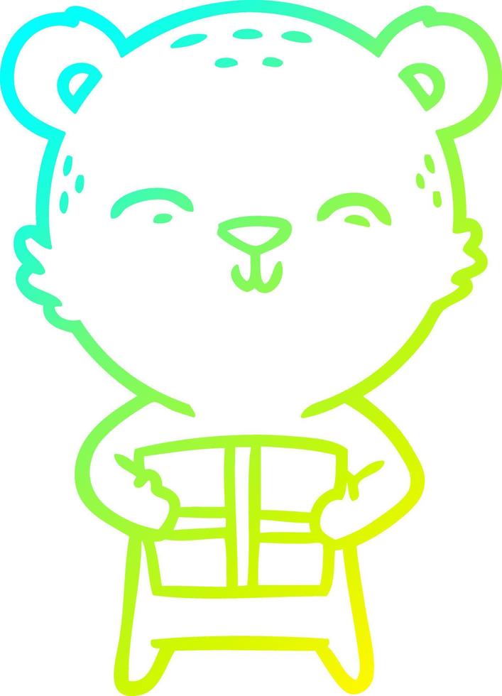 cold gradient line drawing happy cartoon bear with gift vector