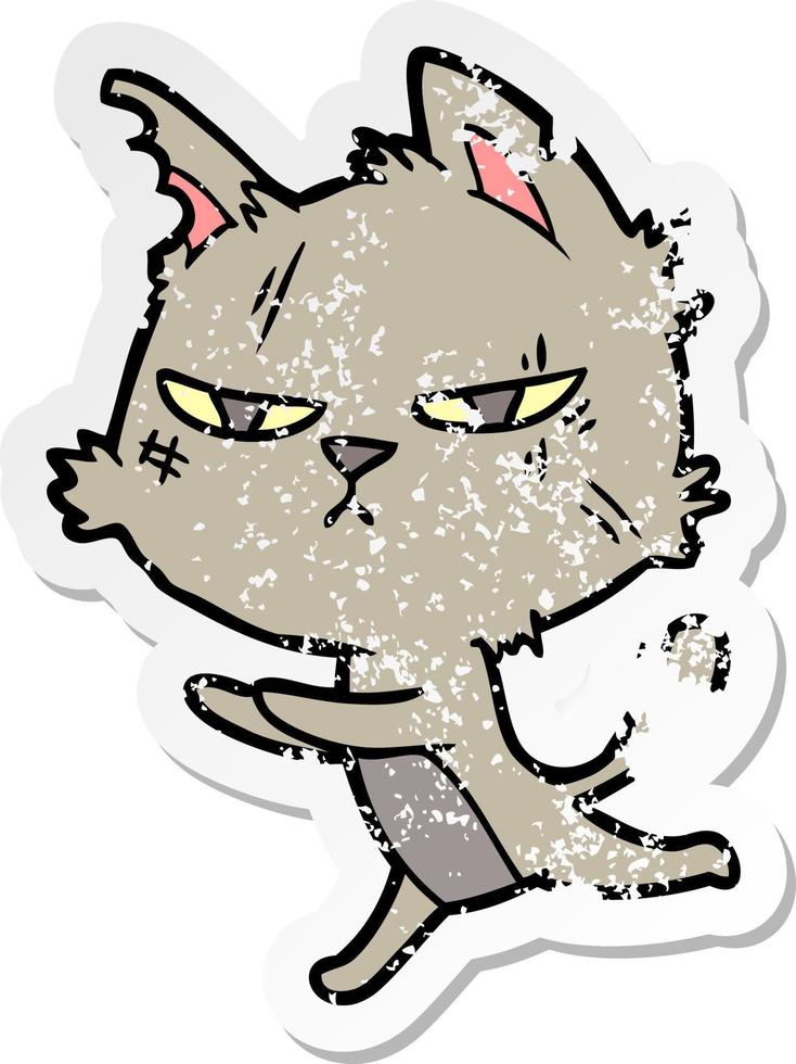 distressed sticker of a tough cartoon cat running vector
